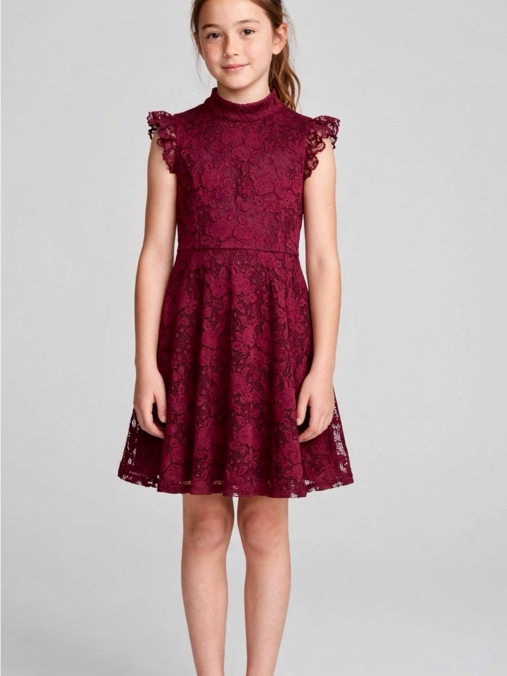 Girls Burgundy Lace Fit-and-Flare Dress- High Neck- Ruffle Lace Sleeves- Party